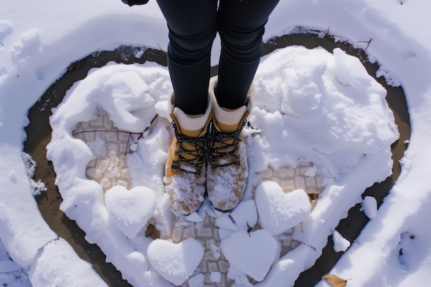 Foto qualcuno in piedi su un tappetino a forma di cuore innevato con stivali da neve