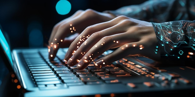 Someone typing on a laptop with glowing dots on the keyboard generative ai