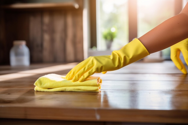 someone in yellow gloves wiping a wooden table with a yellow cloth generative ai