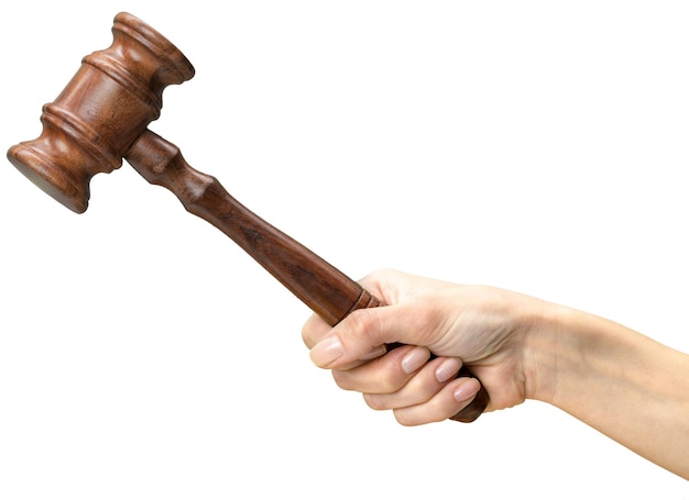 Someones hand holding wooden law gavel