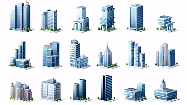 写真 3d デザインで都市開発の白い背景に隔離されたビジネスオフィスと商業タワーのセット