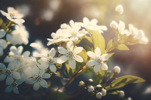 Somewhat out of focus white spring blossoms in a bright garden