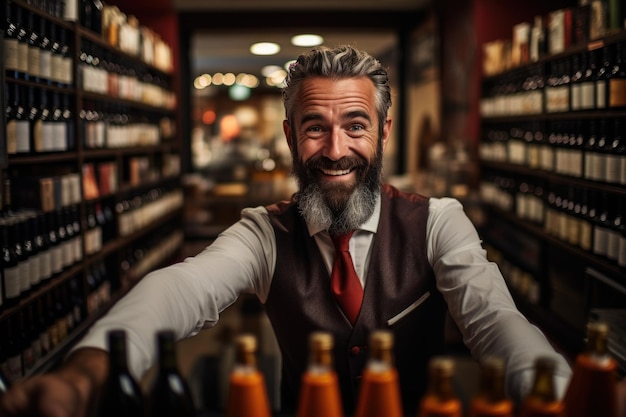 Sommelier bartender man in een wijnwinkel vol flessen met alcoholische dranken