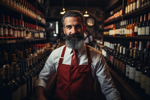 Sommelier bartender man in een wijnwinkel vol flessen met alcoholische dranken