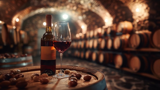 Sommeliers wine bottle and glass in an elegant cellar