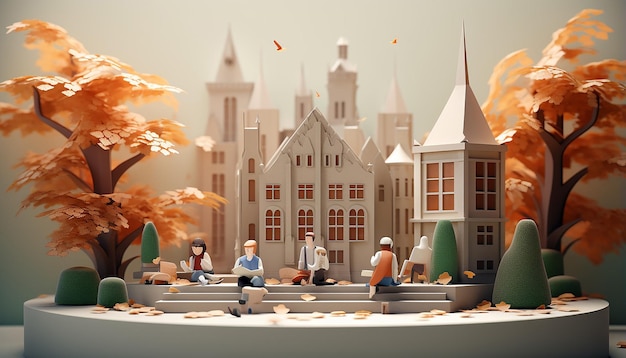 Sommige studenten zitten in de universiteitszaal cartoon esthetiek 3D cartoon minimalistisch