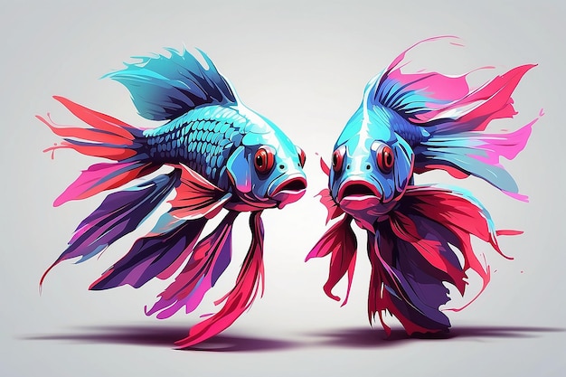 Sommige vechtende vissen in neonkleurige minimalistische stijl