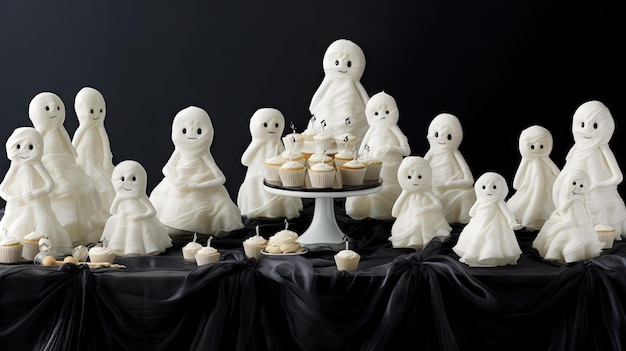 sommige witte geesten zitten op de top van een tafel met pompoenen en andere halloween decoraties op de achtergrond is een zwarte achtergrond