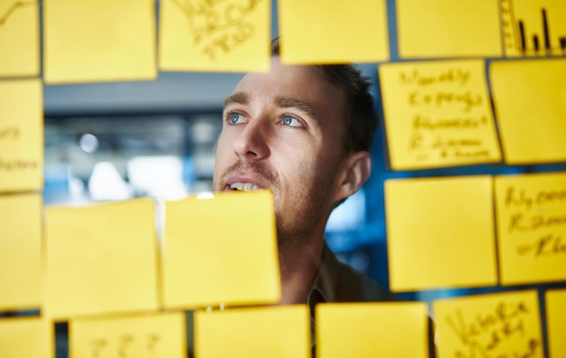 Foto soms zijn de betere ideeën buiten de doos te vinden shot van een jonge man die een brainstormsessie heeft met plaknotities op het werk