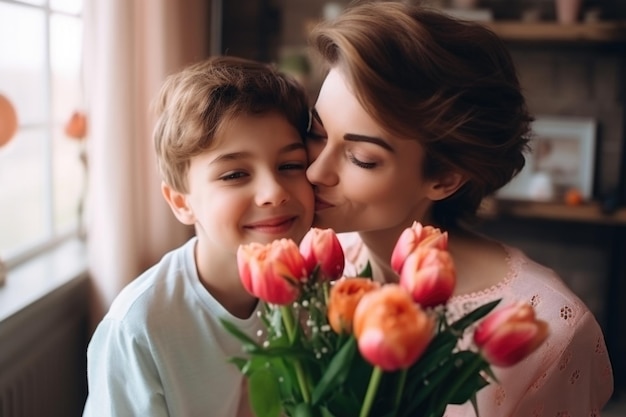 Son celebrates Mothers Day with tender kisses and tulips