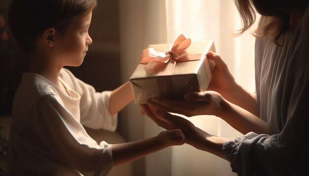 Photo son from the back handing gift to mother