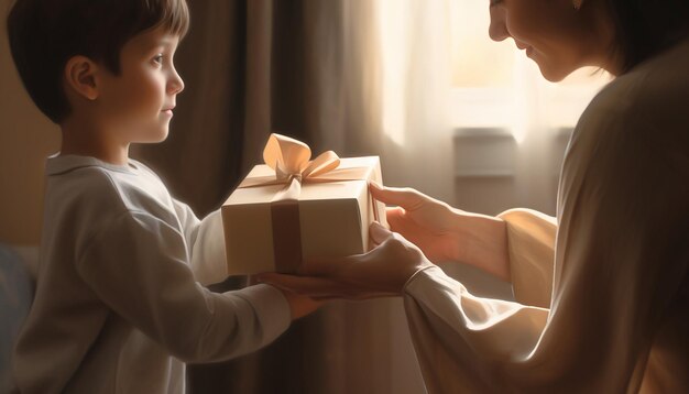 son from the back handing gift to mother