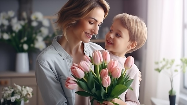 The son gives his mother a bouquet of tulips