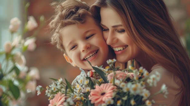 Son Gives Joyful Mother Flowers on Mothers Day