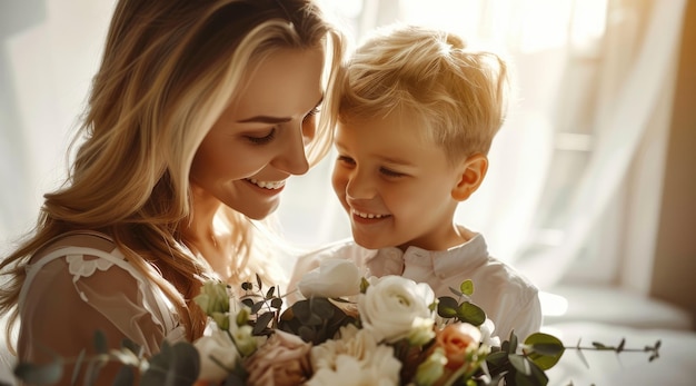 Son Gives Joyful Mother Flowers on Mothers Day