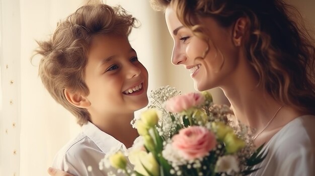 Son Gives Joyful Mother Flowers on Mothers Day