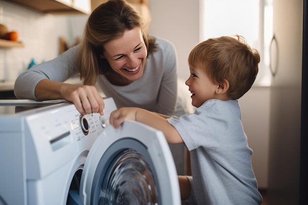Son helping mom to load washing machine Generative AI