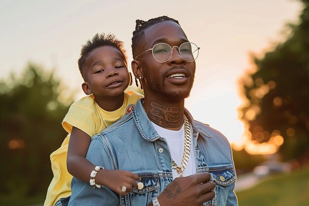 son in a yellow sweater hugs his dad from behind facing the camera