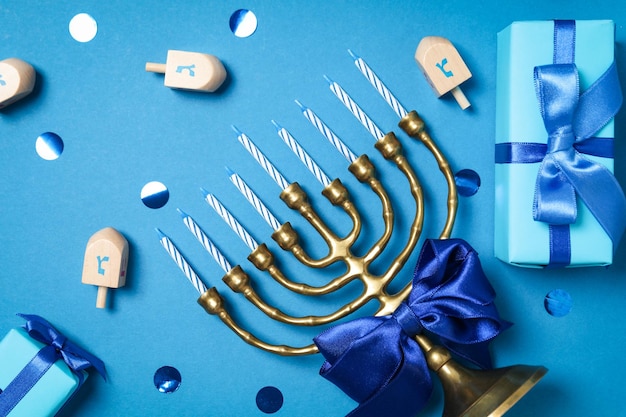 Soncept of Jewish holiday Hanukkah top view