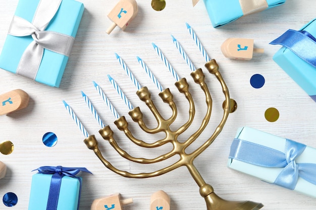 Soncept of jewish holiday hanukkah top view