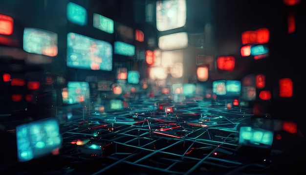 Soncept of virtual environment and cyberspace set of glowing\
screens and network equipment workplace of hacker or programmer\
blurred background in cyberpunk style 3d illustration ai\
render