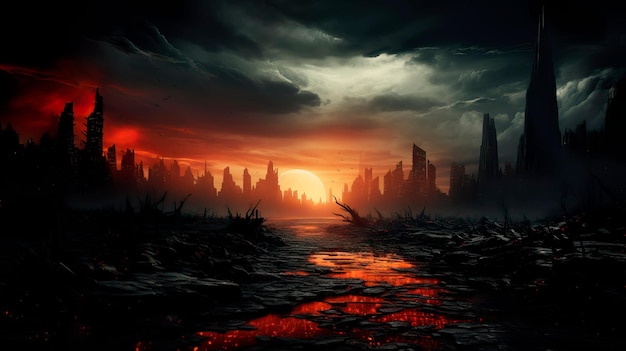 Soncept of war and destroyed city Fantastic background