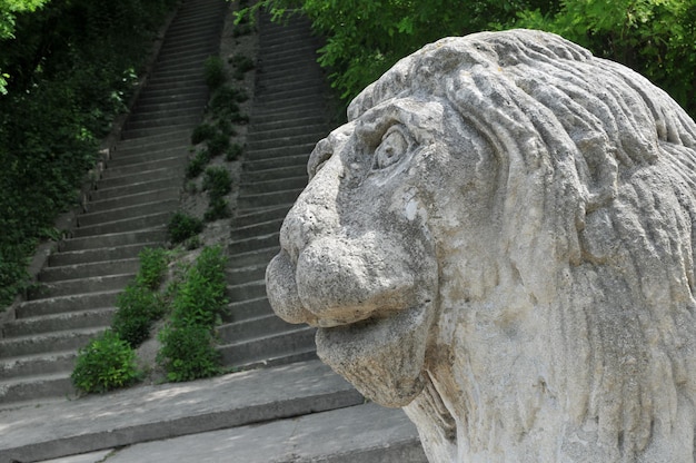 公園内のライオンのソンクリート彫刻