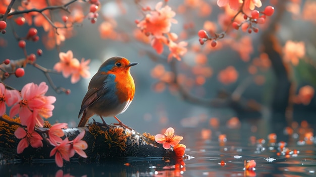 Songbird perched on tree overlooking water natural landscape