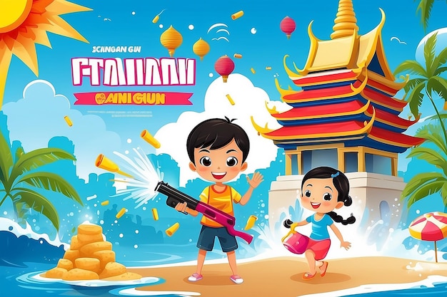 Songkran day thailand festival water gun and child playing sand pagoda summer poster
