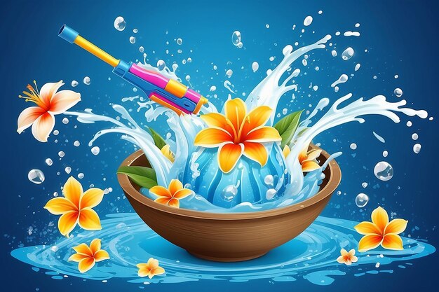 Photo songkran day water in bowl water splash water gun this thailand flower summer