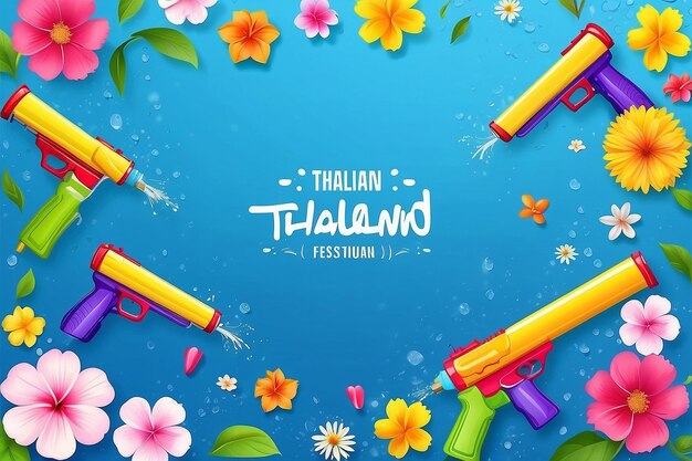 Photo songkran festival message fun water gun and thailand flowers design banners design