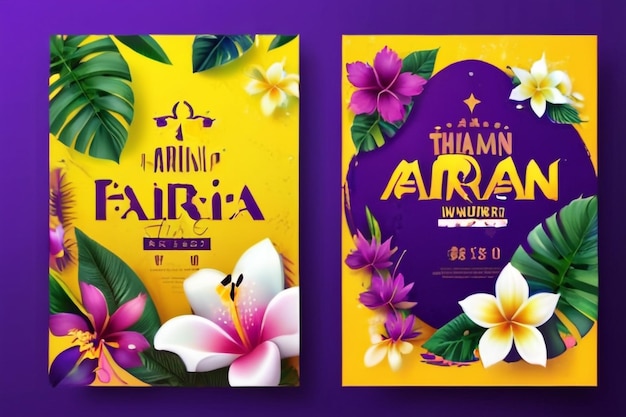 송크란 축제 태국 여름 열대 잎 총 물과 태국 꽃 포스터 플라이어 디자인