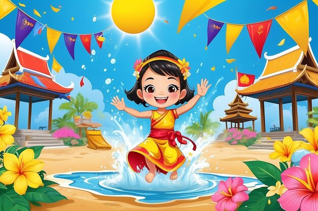 Songkran festival thailand Thai flowers with child playing water splashing sun smile