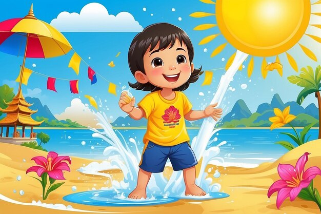 송크란 축제 태국 태국 꽃과 아이 놀이 물 스프레이 태양 미소