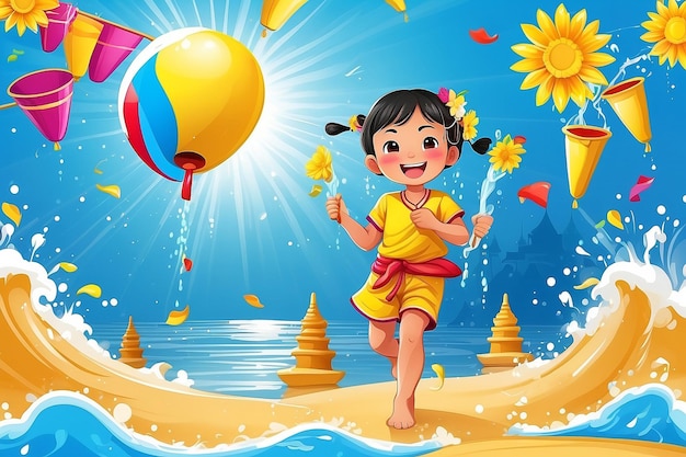 Songkran festival thailand Thai flowers with child playing water splashing sun smile