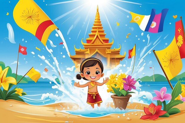 Songkran festival thailand Thaise bloemen met kind speelt water spetterende zon glimlach
