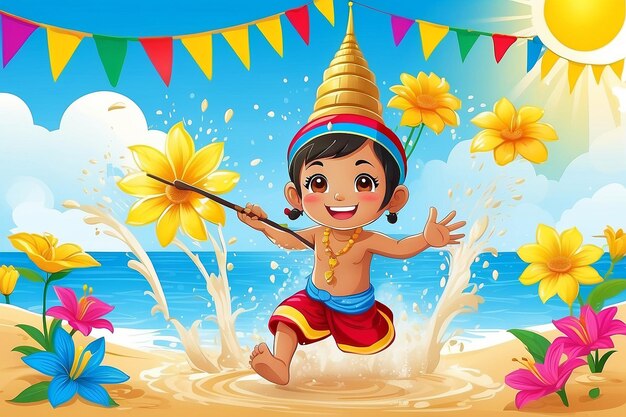 Songkran festival thailand Thaise bloemen met kind speelt water spetterende zon glimlach