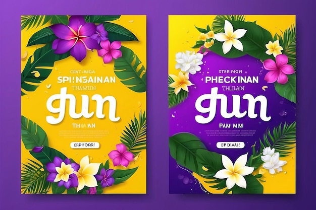Songkran festival thailand zomer tropische blad pistool water en thaise bloemen poster flyer ontwerp