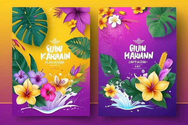 Songkran festival thailand zomer tropische blad pistool water en thaise bloemen poster flyer ontwerp