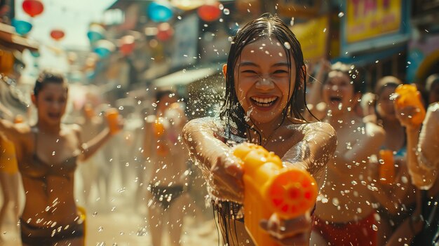 Photo songkran festivities with crowds of children playing with water blasters and buckets