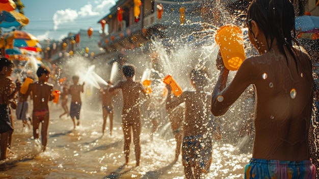 Songkran festivities with crowds of children playing with water blasters and buckets