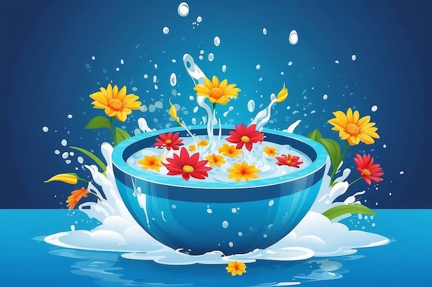 Songkran Thailand festival flowers in a water bowl water splashing on clo