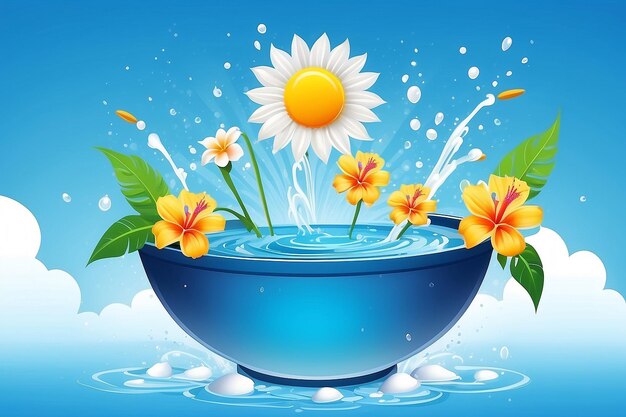 Songkran Thailand festival flowers in a water bowl water splashing on cloud