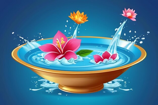 Songkran Thailand Thai flowers in a water bowl water splashing on blue background