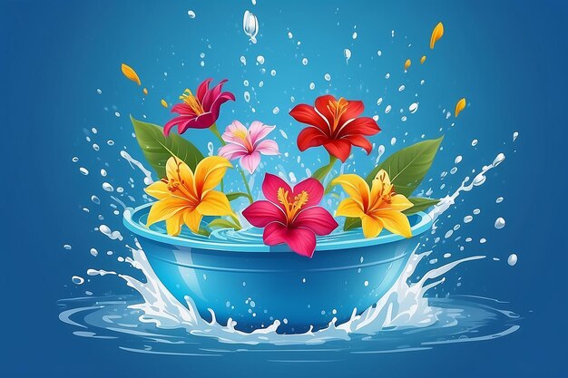 Songkran Thailand Thai flowers in a water bowl water splashing on blue background