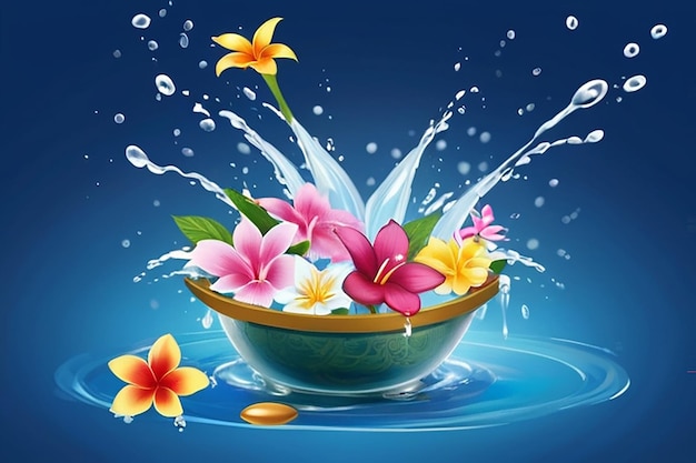 Songkran Таиланд Тайские цветы в чаше с водой, вода брызгает на синем фоне
