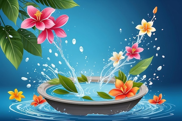 Songkran Thailand Thaise bloemen in een waterbak met water op blauwe achtergrond