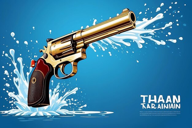 Songkran Travel Thailand festival gun water and water splash design on blue background