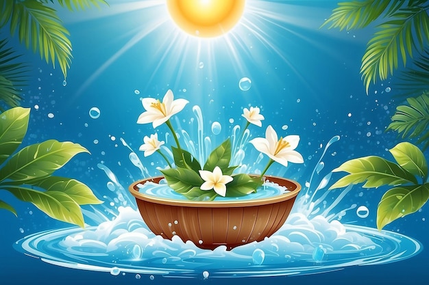 Songkran water festival thailand flowers in a water bowl water splashing tropical gree
