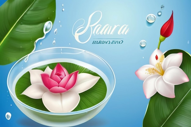 Songkran water festival thailand rose petals and jasmine flower in bowl on banana leaf wat